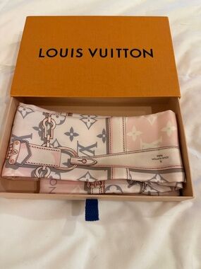 Louis Vuitton Pink and Gray Monogram Silk Twilly Confidential Scarf